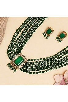 Gold Finish Emerald Stone Long Necklace Set