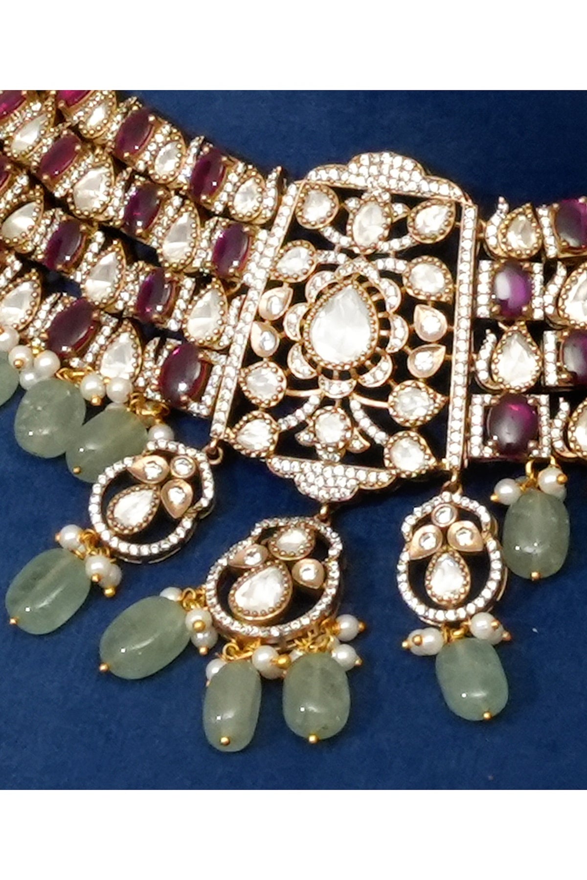 Gold Plated Kundan Polki & Mint Pearl Drop Choker Necklace Set