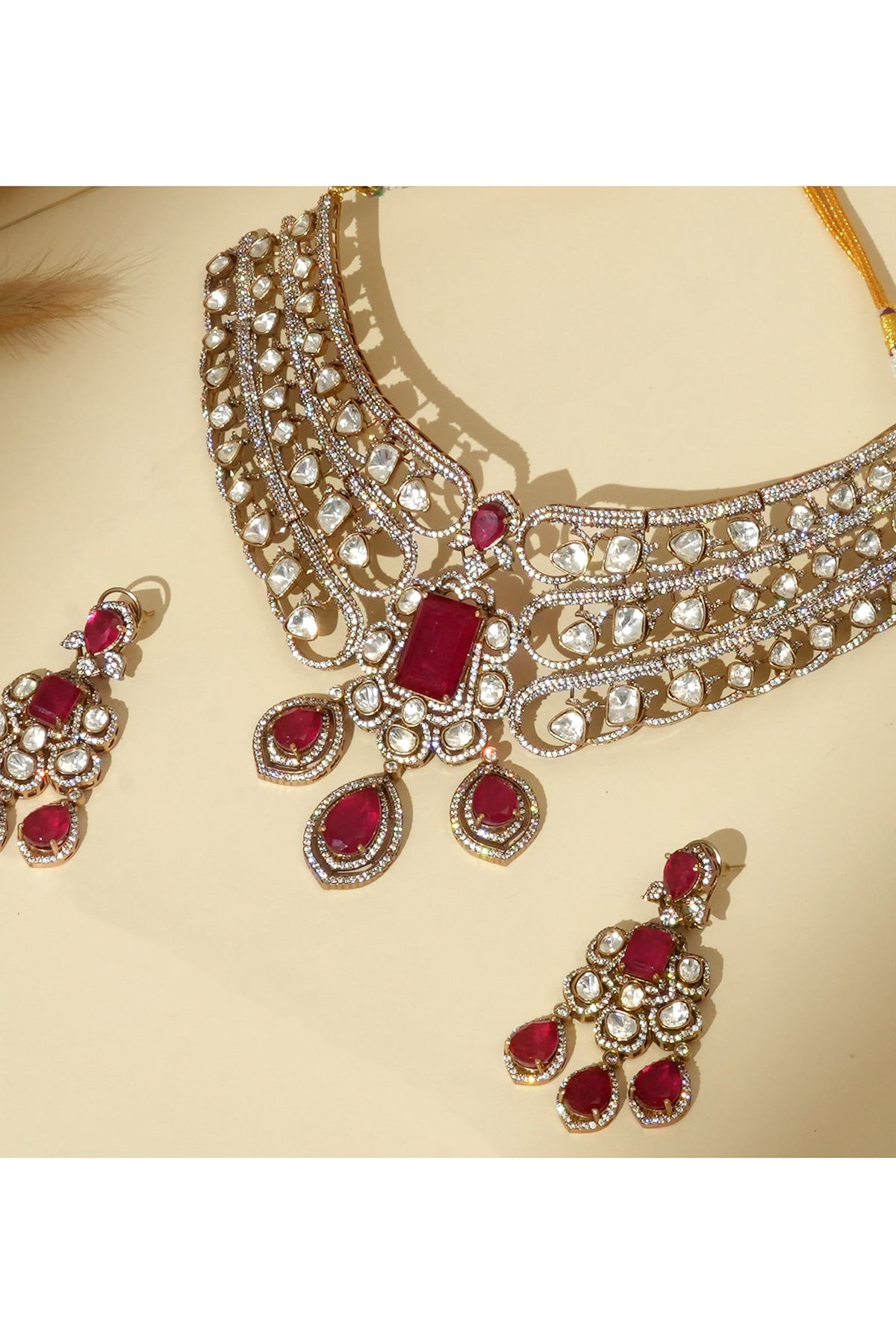 Gold Finish Kundan Polki & Ruby Stone Necklace Set