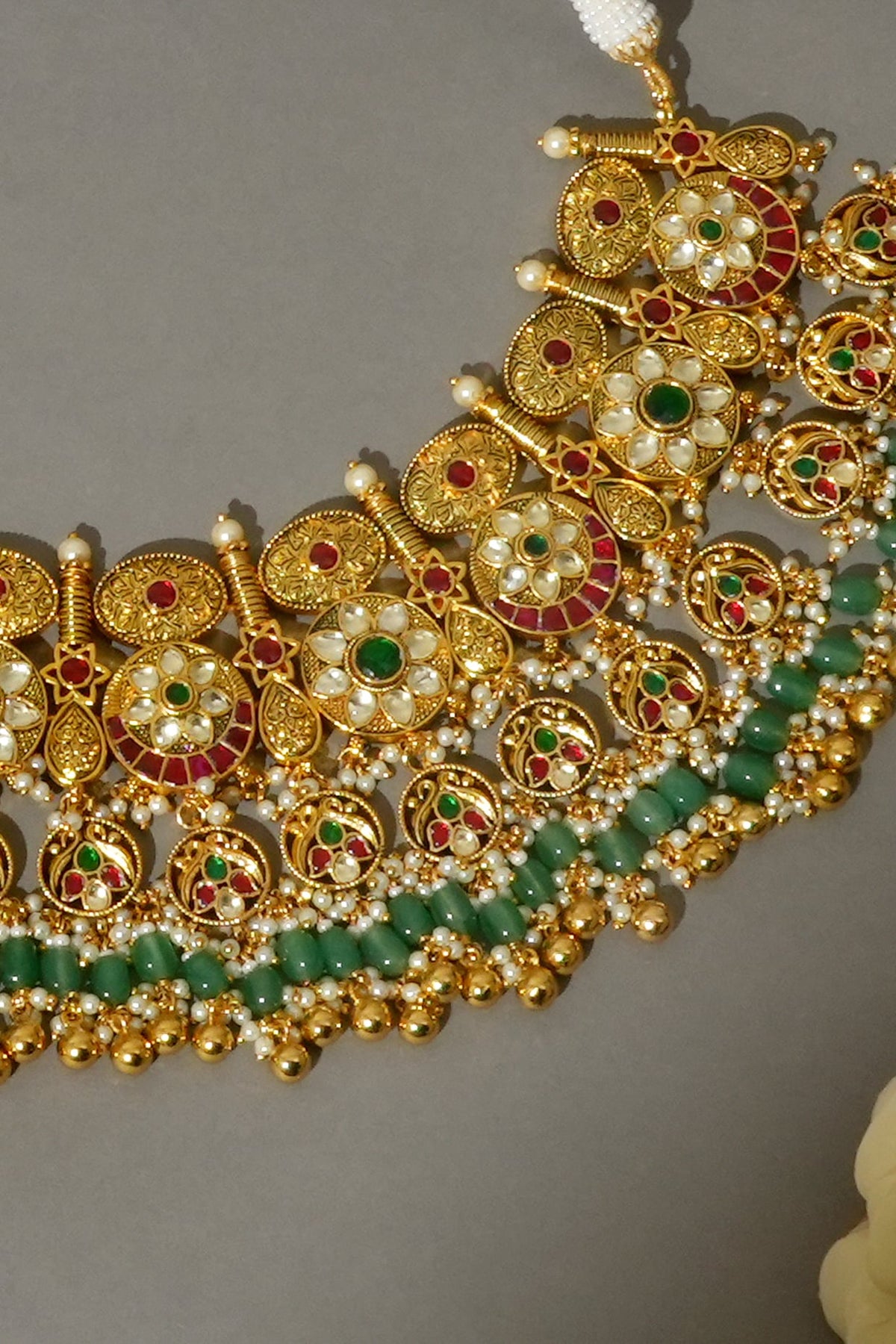 Gold Finish Pachi Kundan Polki & Emerald Drop Necklace Set