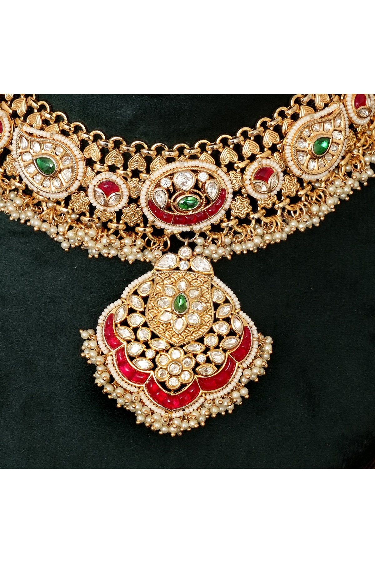 Gold Finish Multi-Colored Stone & Kundan Polki Necklace Set