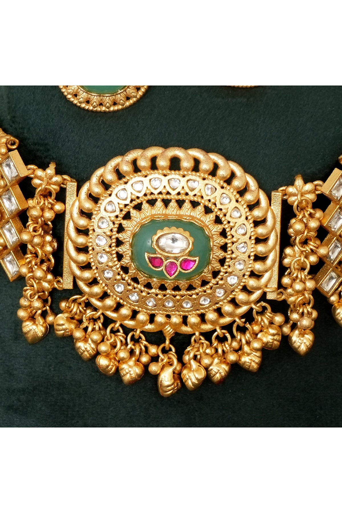 Gold Finish Multi-Colored Stone & Kundan Polki Choker Necklace Set