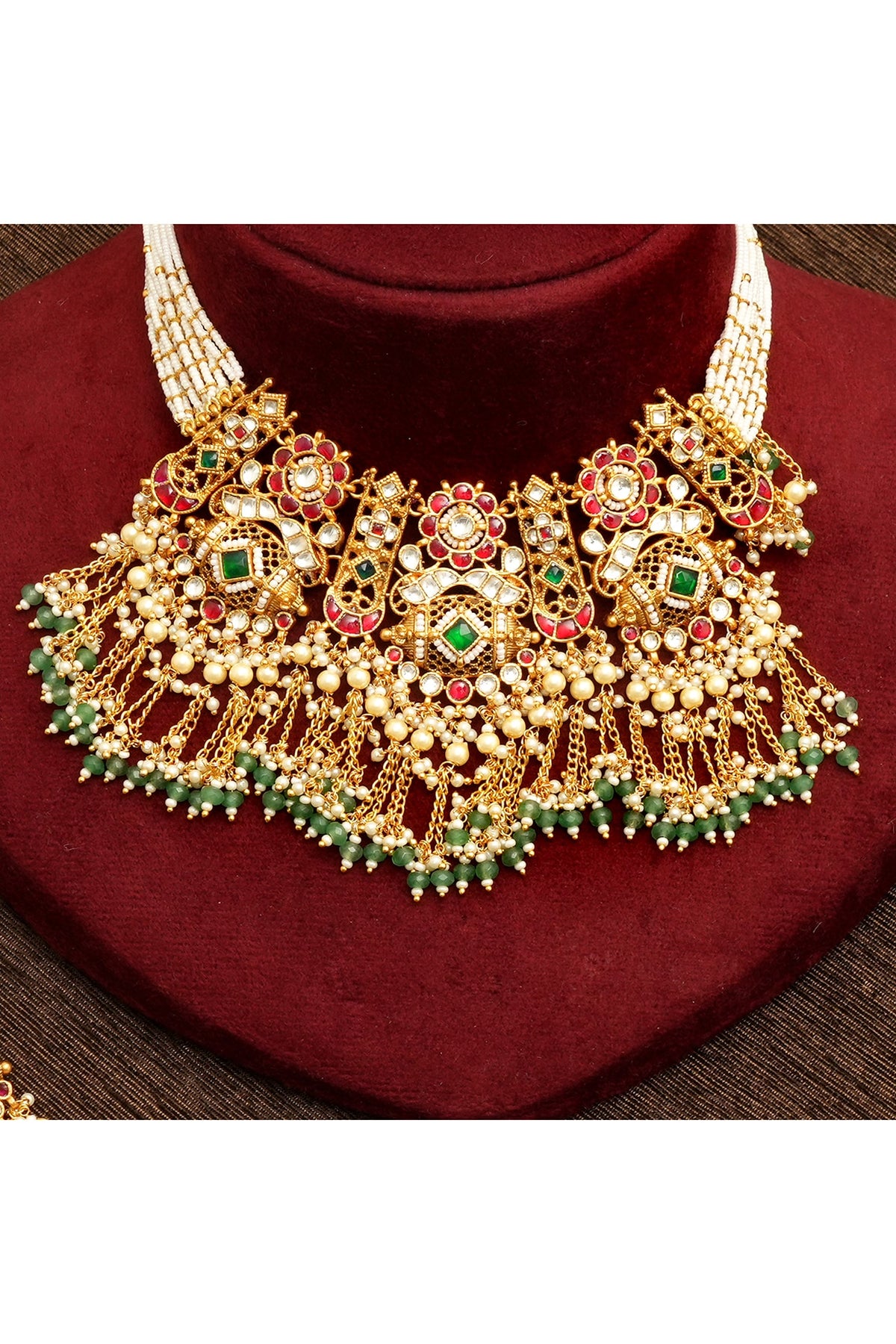 Gold Plated Multi-Colored Kundan Polki & Pearl Necklace Set