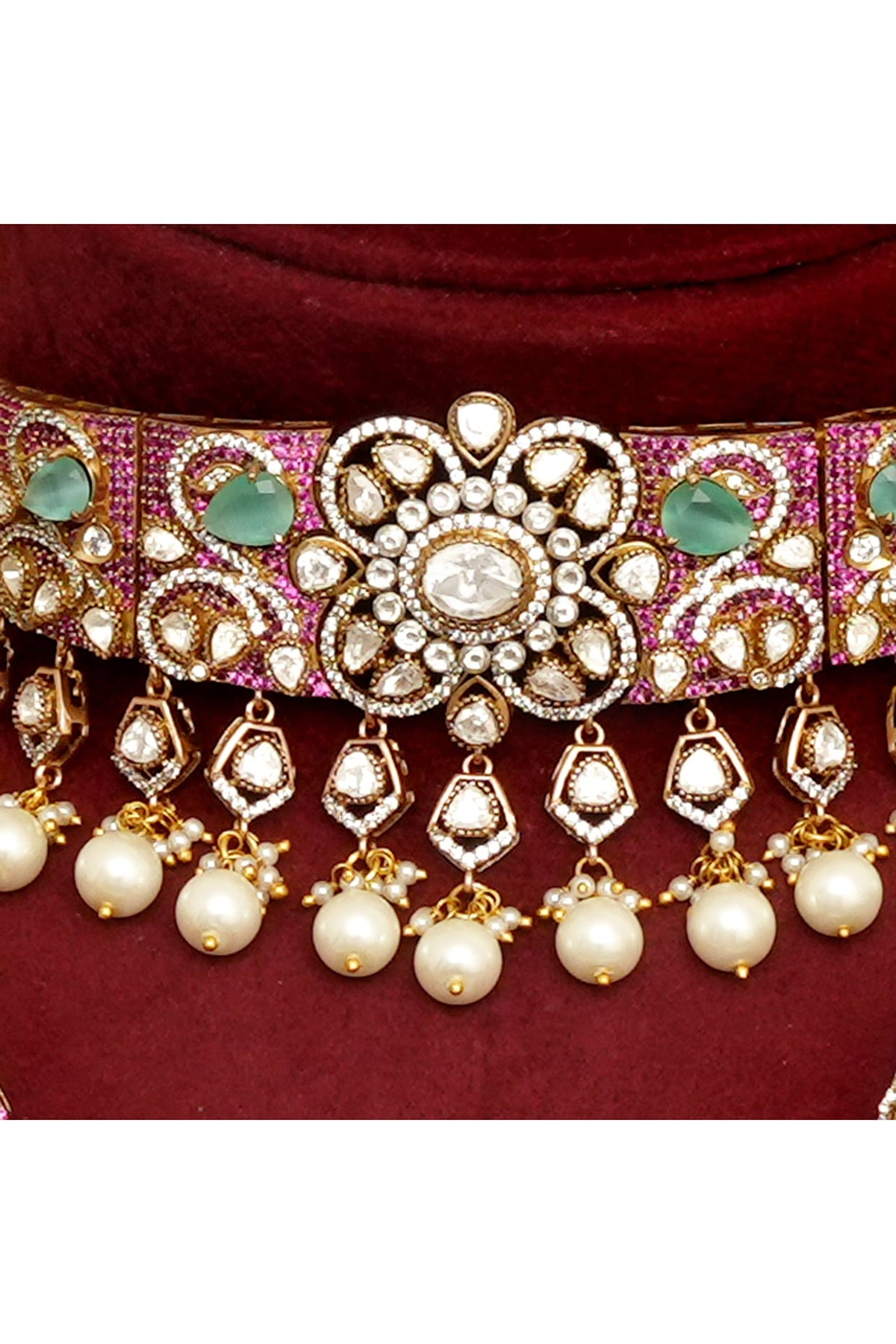 Gold Finish Kundan Polki & Ruby Choker Necklace Set