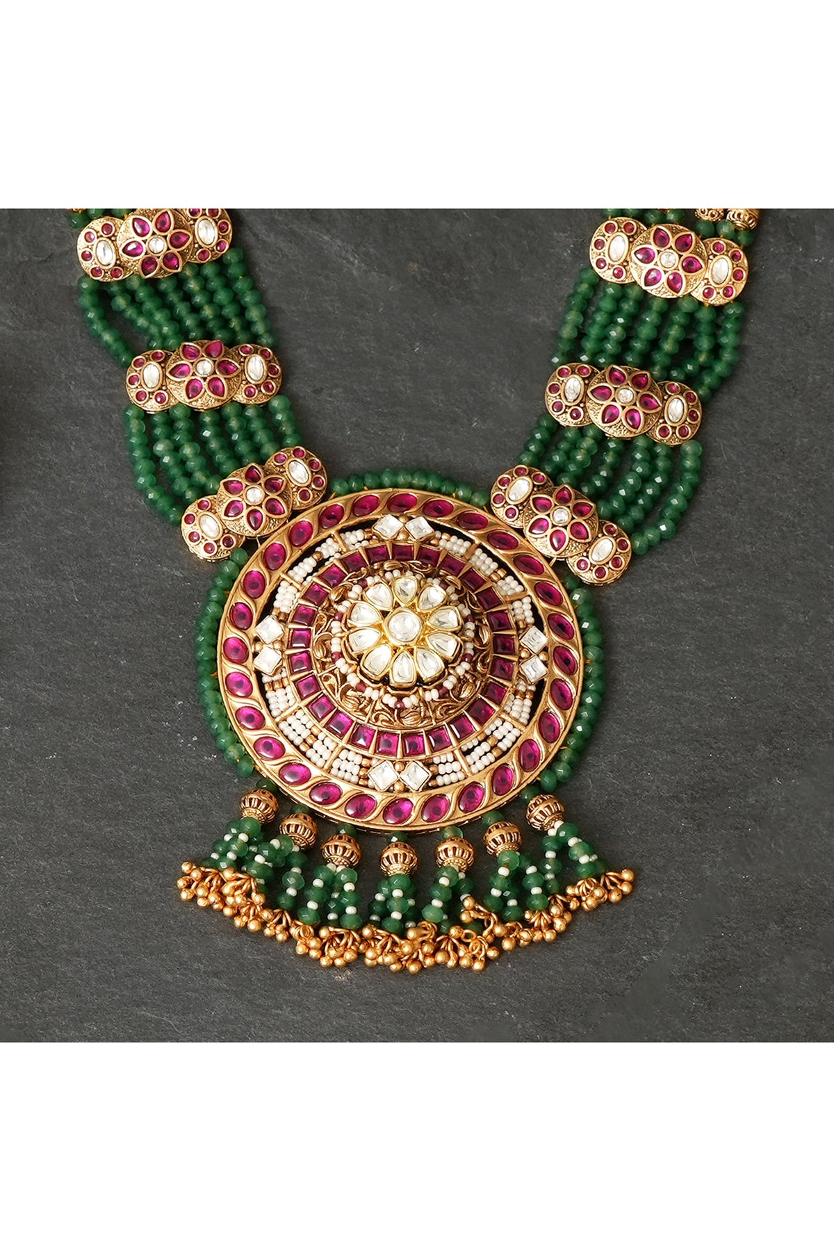 Gold Plated Kundan Polki & Ruby Pendant Necklace Set