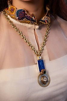 Gold Finish Blue Lapis Lazuli & Doublet Stone Long Necklace In Sterling Silver