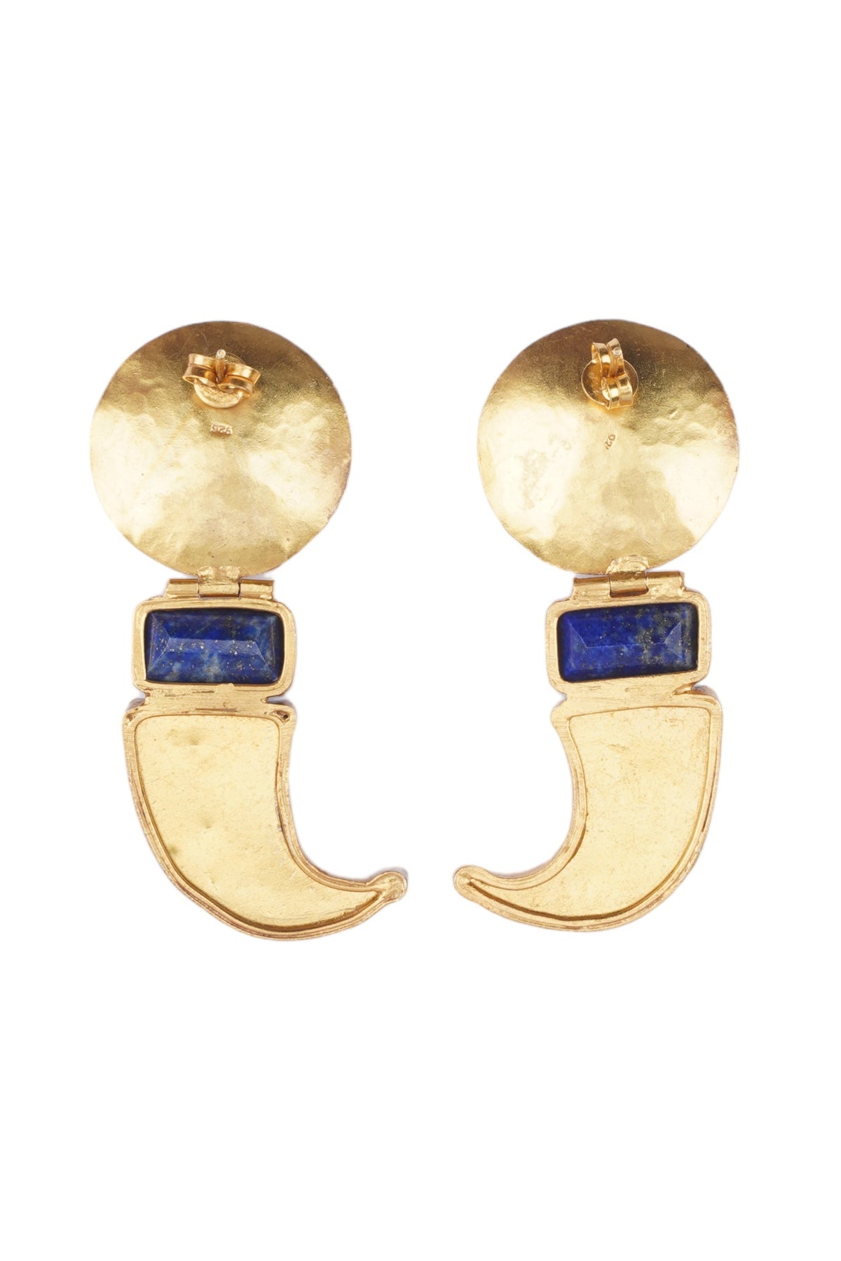 Gold Finish Blue Lapis Lazuli Stone & Red Kundan Polki Stone Stone Dangler Earrings In Sterling Silver