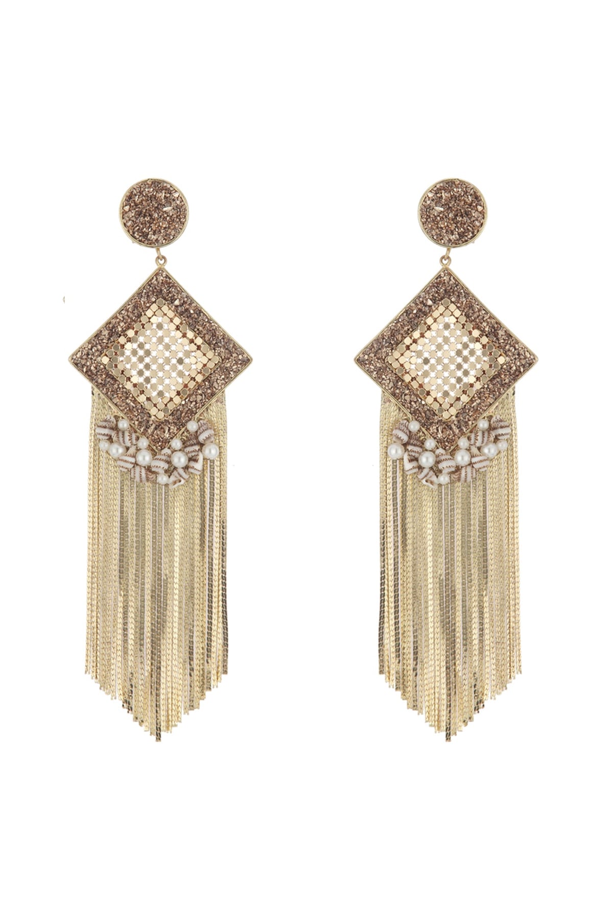 Gold Finish Tasseled Drop Earrings With Zircons