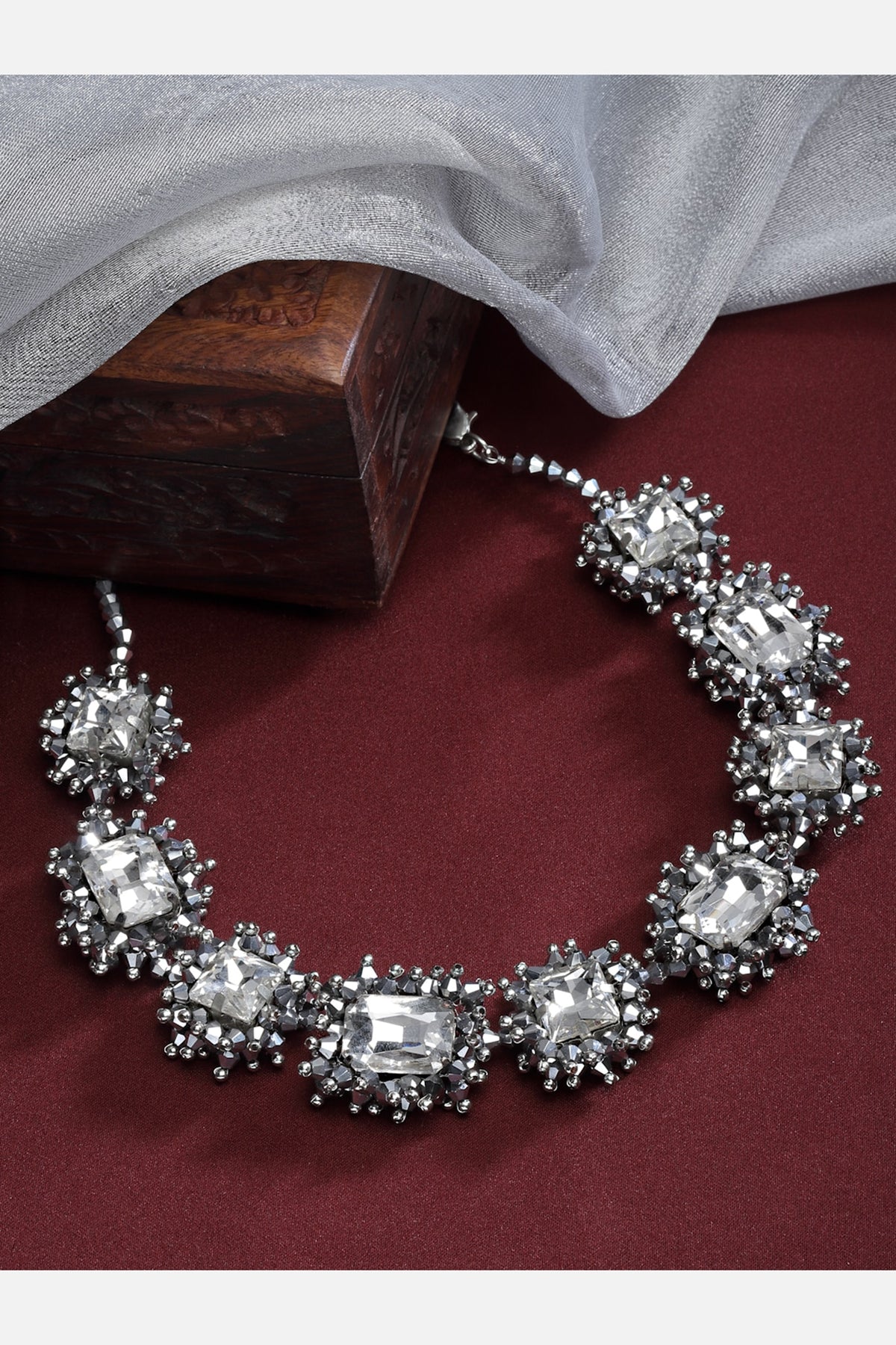 Silver Beaded & Crystal Choker Necklace