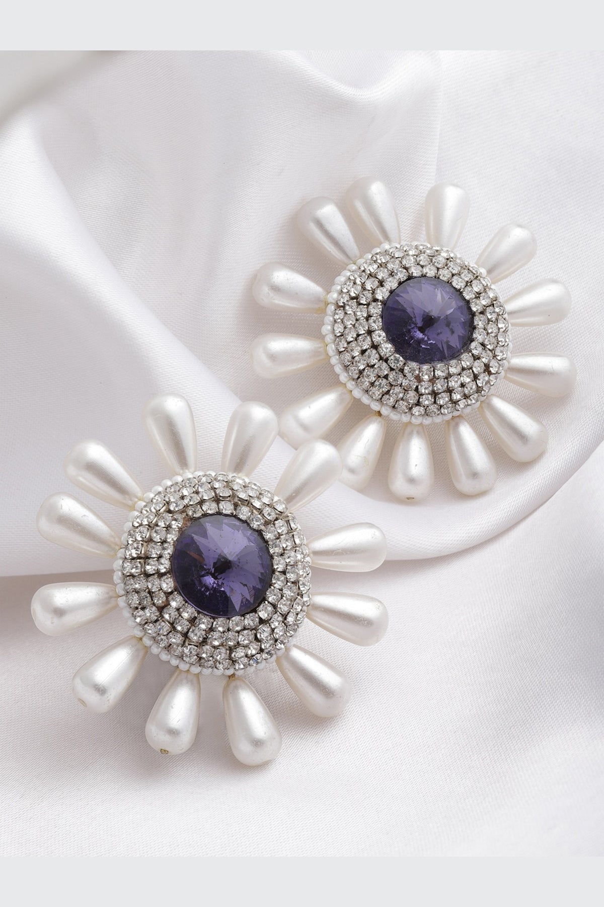 Gold Finish Amethyst Crystal & Pearl Stud Earrings