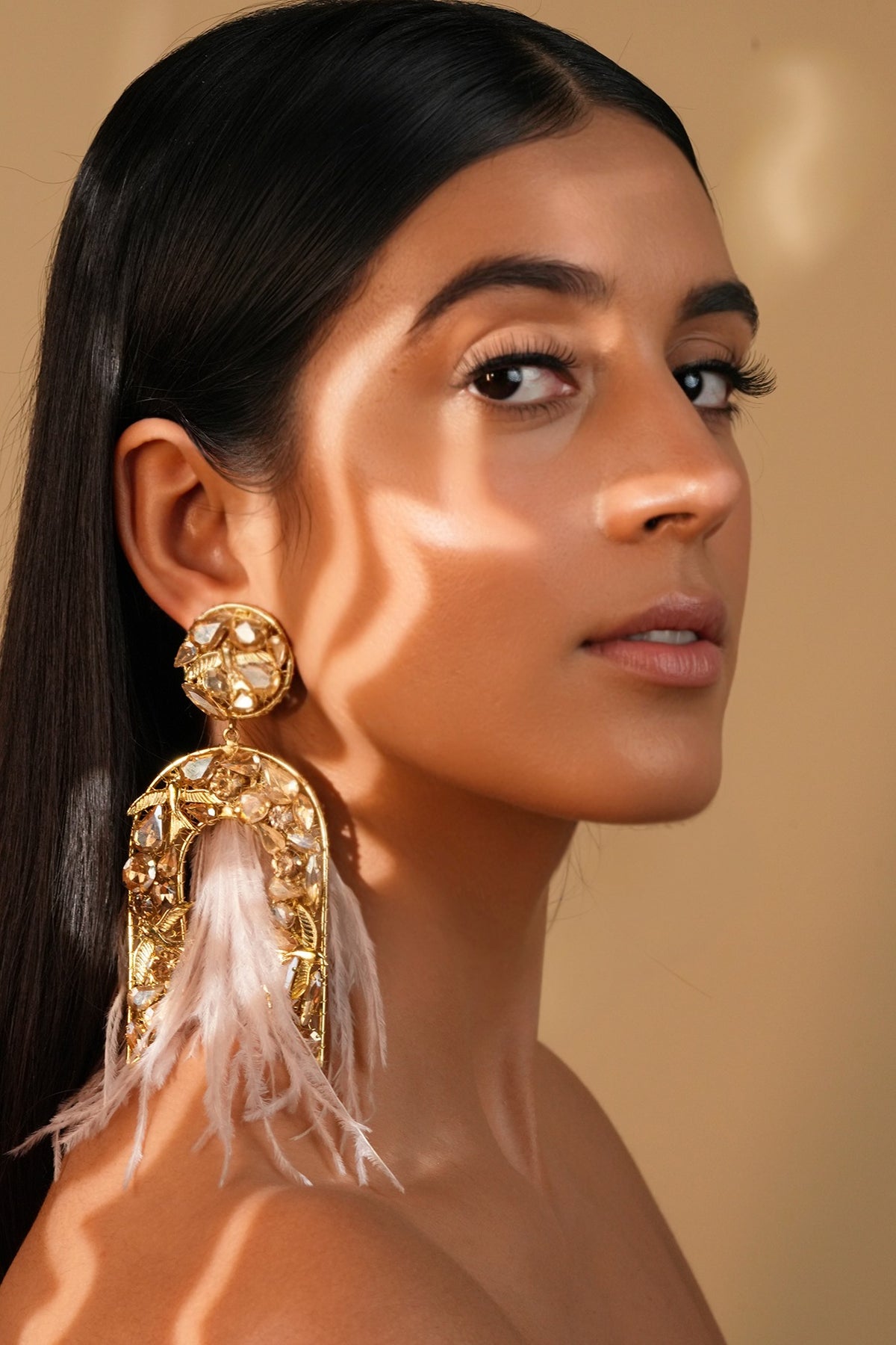 Gold Finish Ivory Feather & Crystal Dangler Earrings