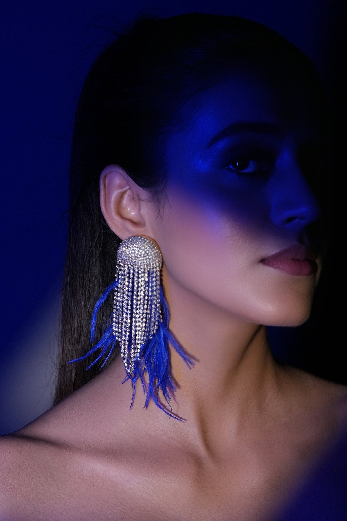 Silver Finish Blue Feather & Crystal Dangler Earrings