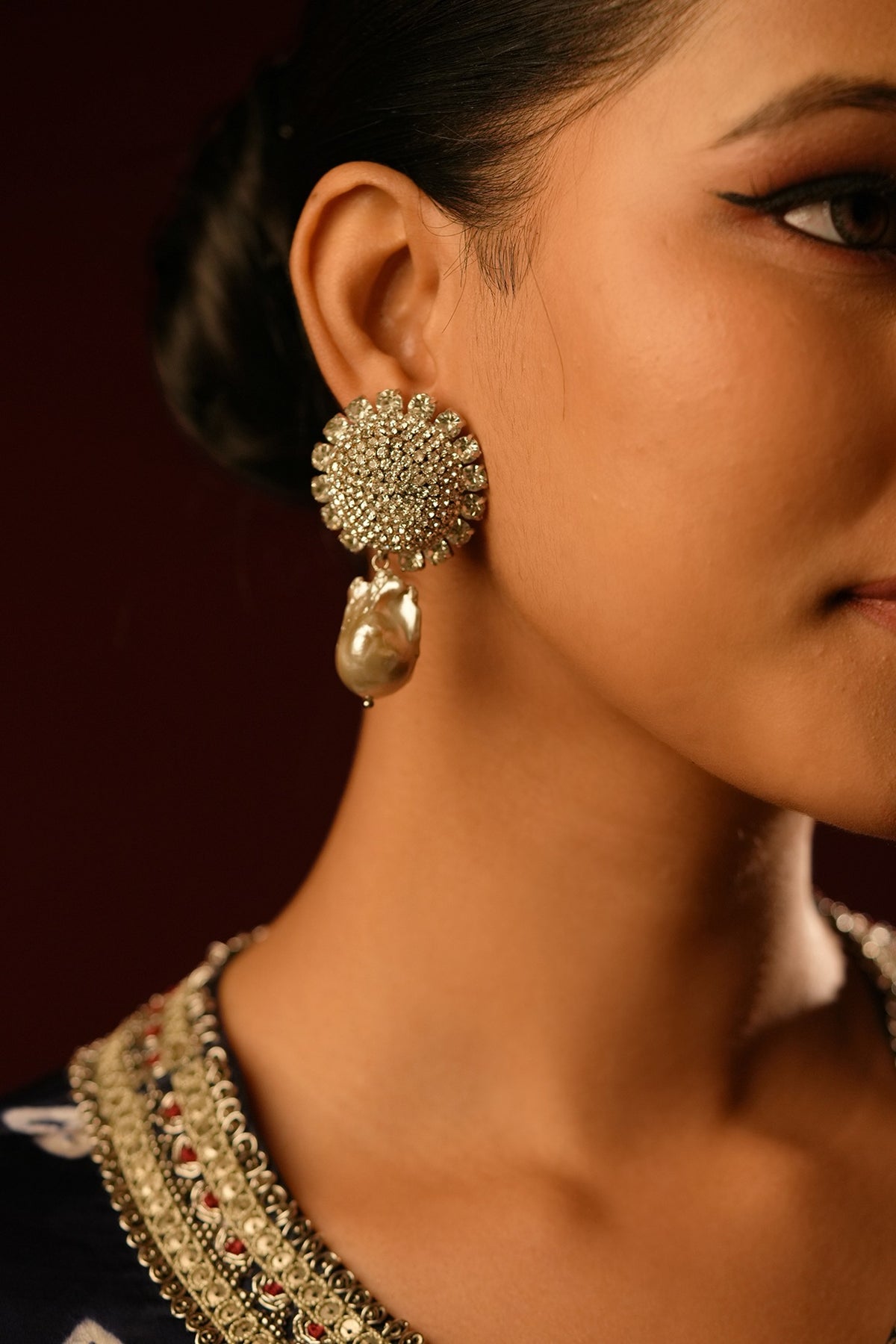 Gold Finish Crystal & Pearl Drop Dangler Earrings