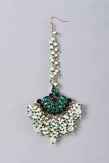 Gold Finish Green Crystal & Pearl Maangtikka