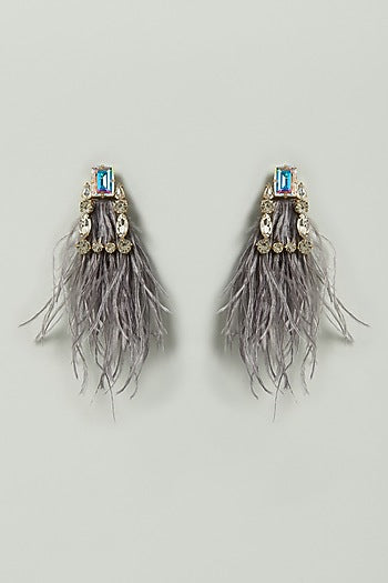 Grey Crystal & Feathers Embellished Earrings