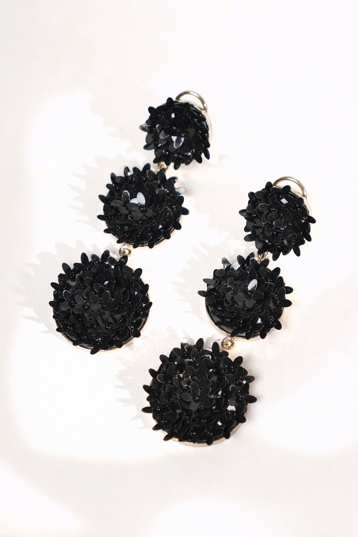 Black Sequins & Crystal Floral Dangler Earrings