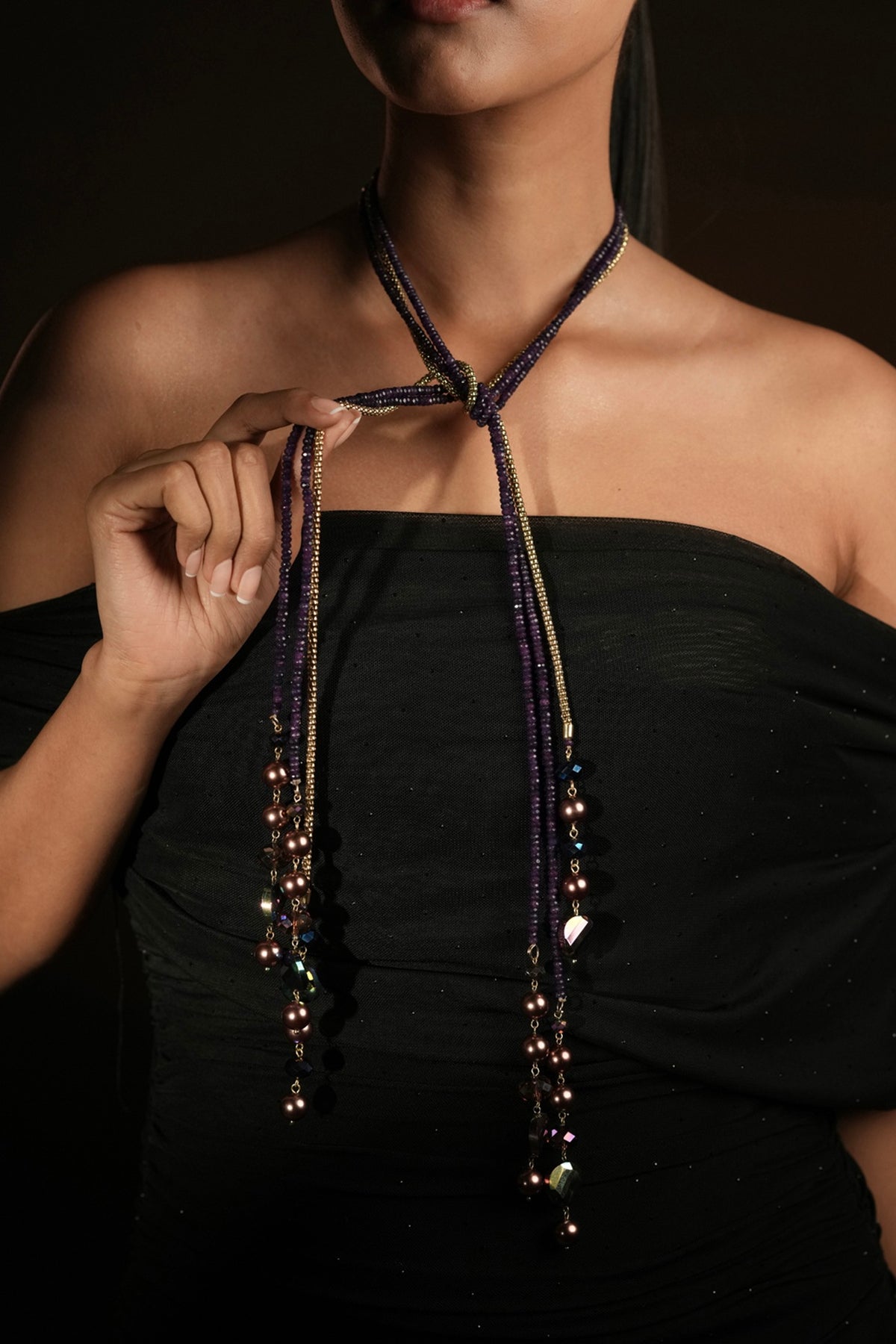 Gold Finish Deep Purple Beaded long Necklace