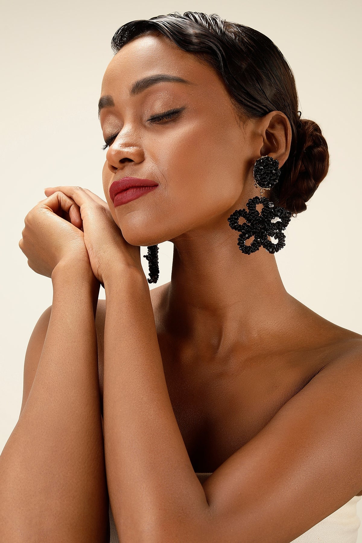 Black Textured Beaded Oversized Floral Drop Earrings