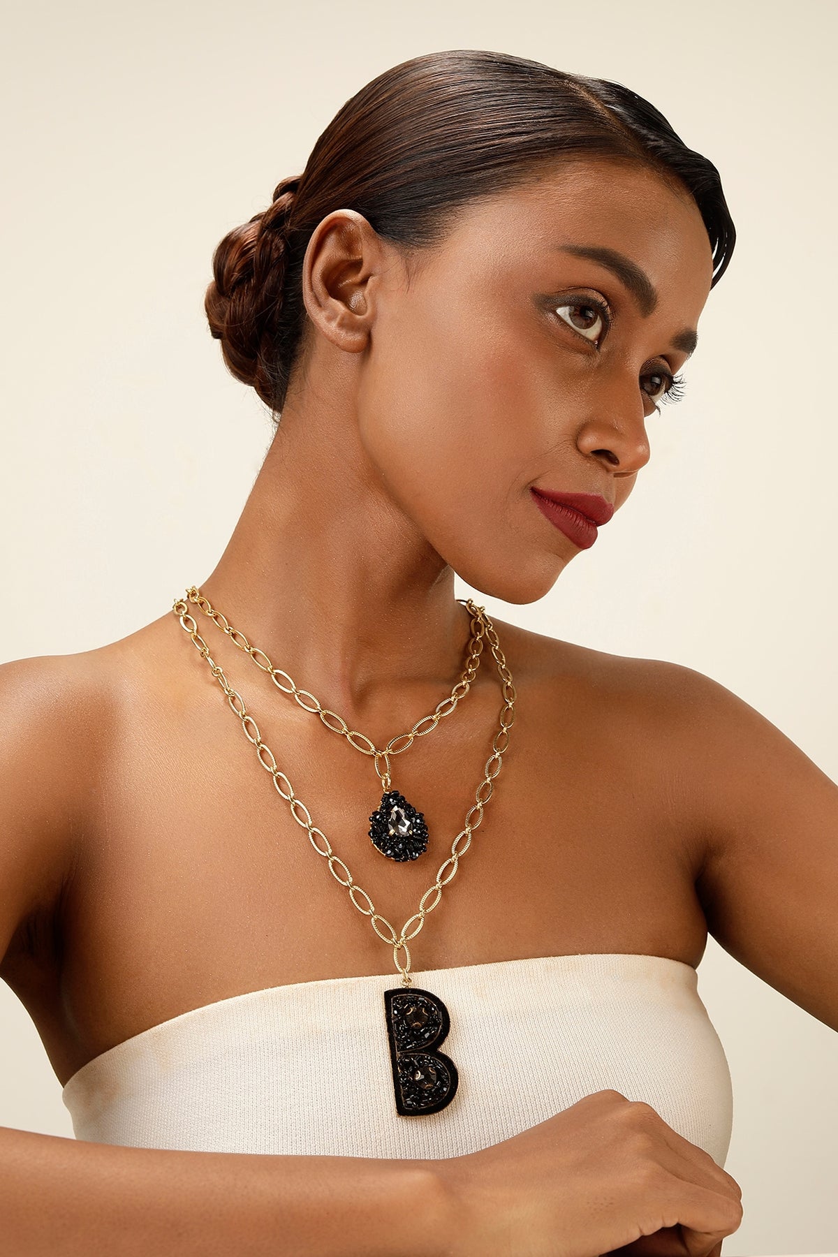 Gold Finish Black Crystal Initial Pendant Necklace