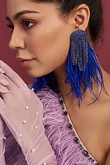 Two Tone Finish Royal Blue Feather Hanging Dangler Earrings