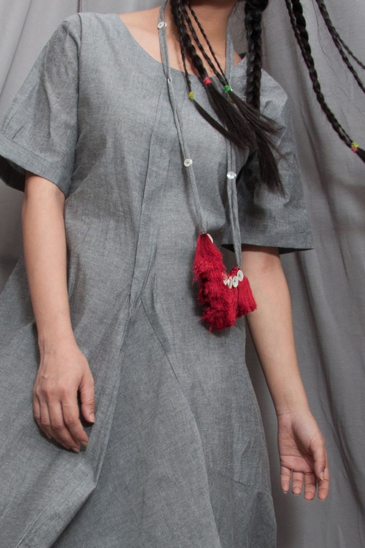 Grey Draped Dress With Necklace