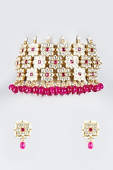 Micro Gold Plated Pink Semi-Precious Beaded Choker Necklace Set