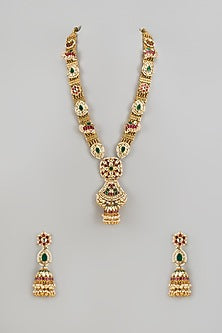 Gold Finish Kundan Polki & Jadtar Long Necklace Set
