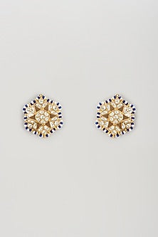 Gold Plated Kundan Polki & Sapphire Beaded Stud Earrings