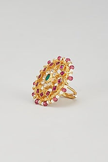 Gold Plated Ruby & White Beaded Ring