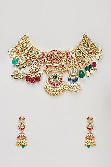Gold Finish Multi-Colored Jadtar Stone & Drops Choker Necklace Set