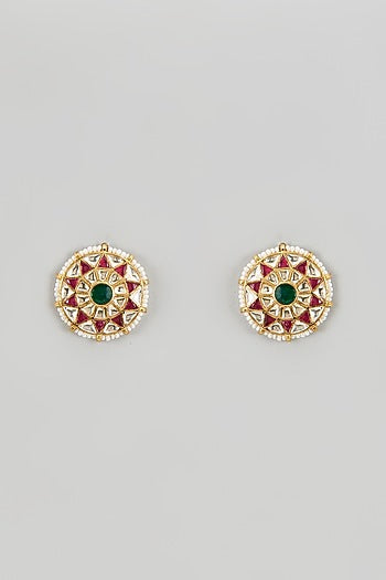 Gold Finish Pink Kundan Polki Stud Earrings
