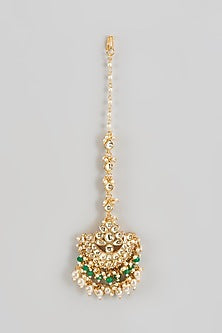 Gold Finish Kundan Polki & White Pearl Maangtikka