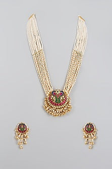 Gold Finish Kundan Polki & Pearl Long Necklace Set