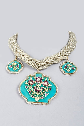 Gold Beaded Enameled Choker Pendant Necklace