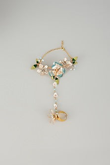 Gold Finish Blue Enameled Floral Handharness