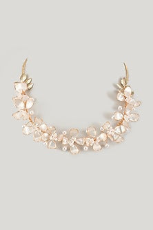 Gold Finish Pearl White Enameled Floral Choker Necklace
