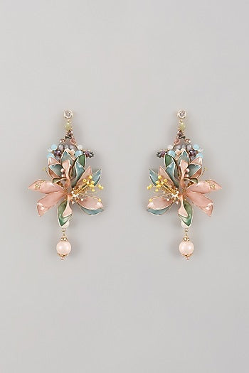 Gold Finish Multi-Colored Enameled Handcrafted Floral Dangler Earrings