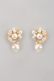 Gold Finish Pearl White Enameled Handcrafted Floral Stud Earrings