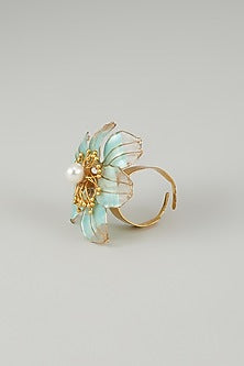 Gold Finish Blue Enameled Floral Ring