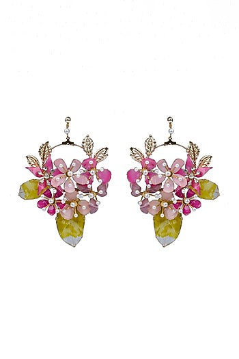 Gold Finish Pink Pearl Enameled Hoop Earrings