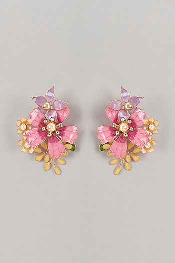 Pink Enameled Handcrafted Floral Dangler Earrings