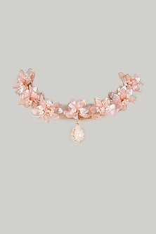 Gold Finish Pearl Pink Enameled Floral Necklace
