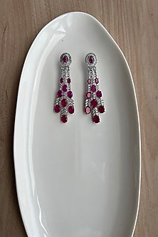 White Rhodium Finish Zirconia & Pink Stone Dangler Earrings
