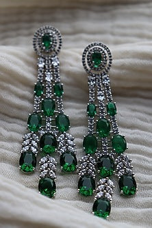 White Rhodium Finish Zirconia & Green Stones Dangler Earrings