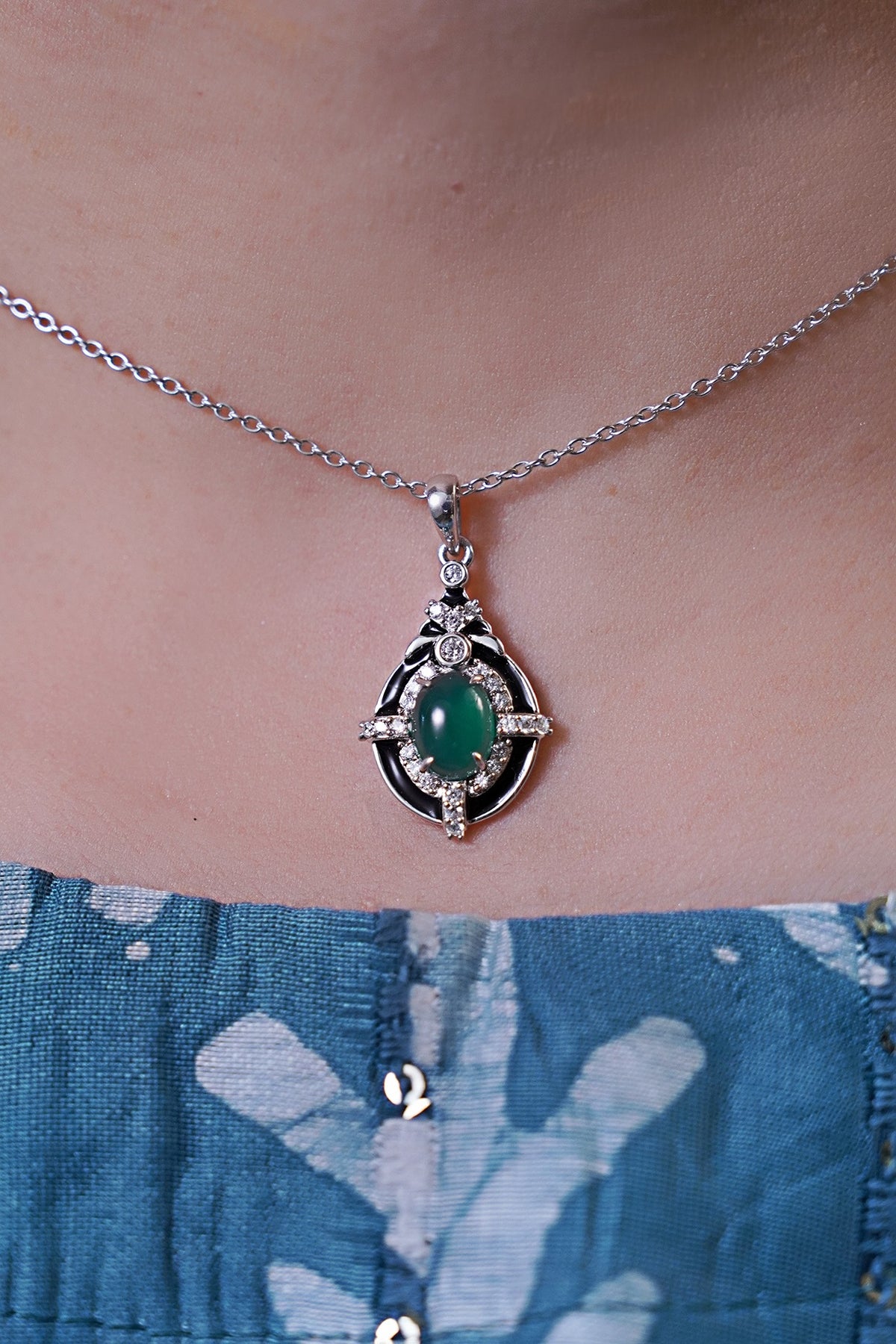 White Finish Cubic Zirconia & Green Onyx Pendant In Sterling Silver