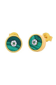 Gold Finish Malachite & Cubic Zirconia Stud Earrings In Sterling Silver