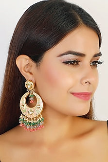 Gold Finish Earrings With Pink Drops