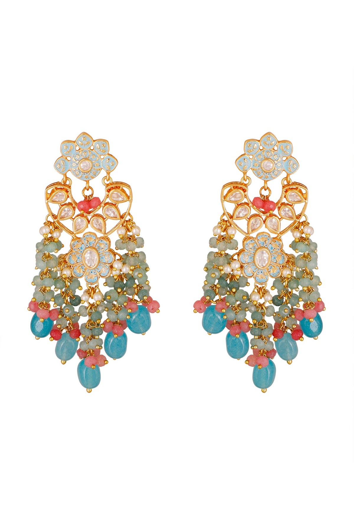 Gold Finish Earrings With Blue Drops