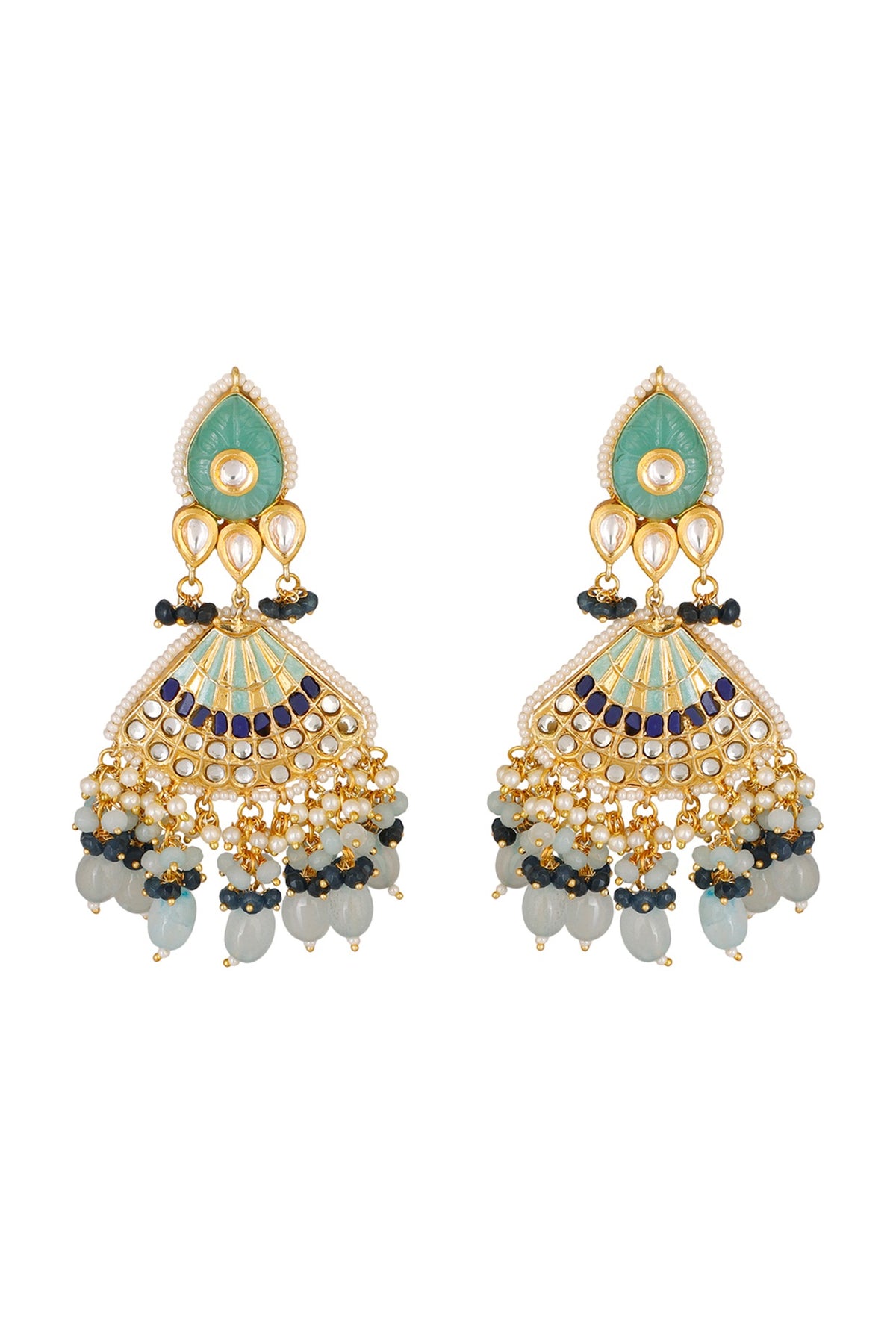 Gold Finish Earrings With Blue Drops