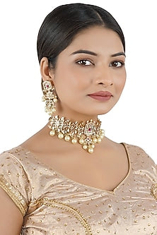 Gold Finish Red Stone & Pearl Choker Necklace Set